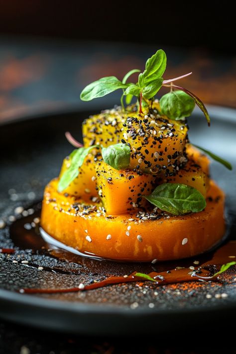 Gourmet dish of cubed squash garnished with microgreens and sesame seeds on a black plate. Savory Food Photography, Healthy Food Photography Inspiration, Pumpkin Meals, Pumpkin Appetizers, Healthy Food Photography, Savory Pumpkin, Pumpkin Dishes, Cooking Pumpkin, Pumpkin Recipe