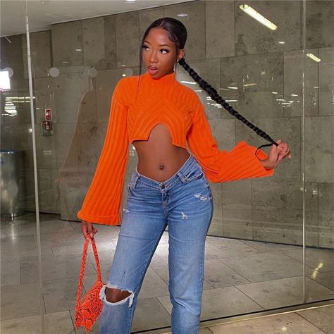 Cropped Pullover, Afro Punk, Long Sleeve Knit Sweaters, Mom Jean, Long Crop Top, Crop Top Sweater, Punk Style, Knitting Women Sweater, Fashion Chic