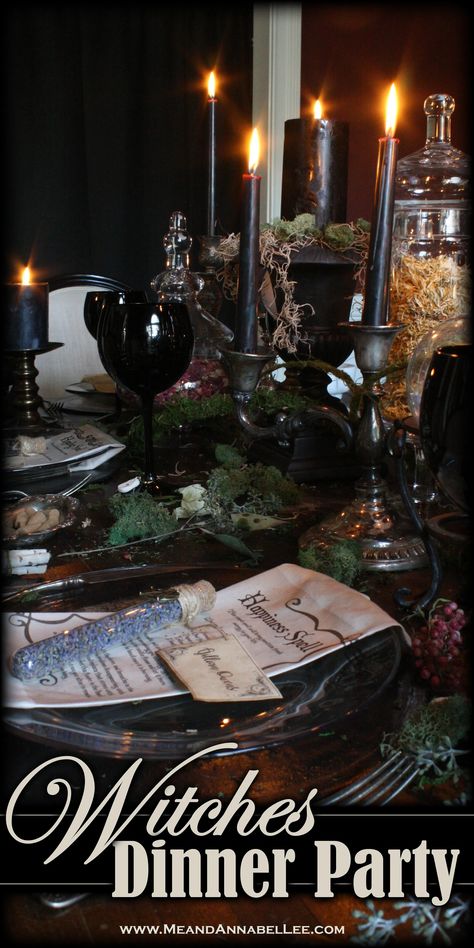 Witches Dinner Party, Dinner Party Elegant, Witches Dinner, Samhain Celebration, Elegant Halloween Decor, Halloween Menu, Annabel Lee, Witch Party, Halloween Party Dinner