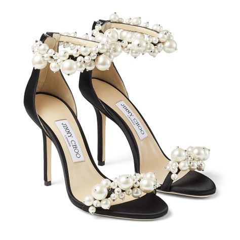 Saeda 100 Jimmy Choo, Jimmy Choo Aesthetic, Wedding Dress Sandals, Expensive Outfits, Summer High Heels, Pearl Embellishment, Jimmy Choo Sandals, Satin Sandals, Expensive Shoes