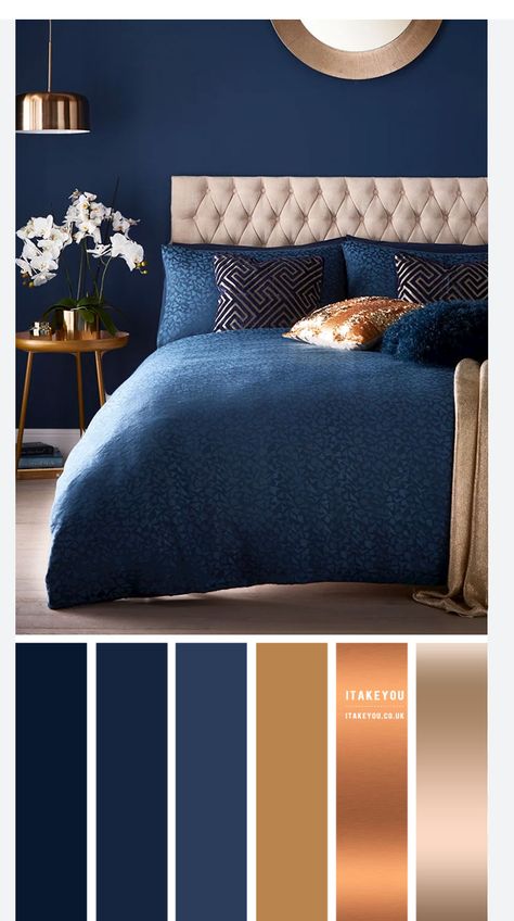 Classic Dark Bedroom, Navy Blue And Grey Bedroom, Mood Bedroom, Bedroom Inspirations Blue, Blue And Grey Bedroom, Art Bedroom Ideas, Navy Blue Bedroom, Copper Bedroom, Navy Bedrooms