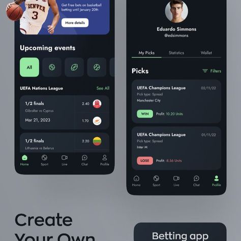 Our team came up with the new mobile betting app concept. With its help, users can find games, make bets, and watch games online. Web Design Inspiration Portfolio, Betting App, Charity Foundation, Android Design, App Concept, Game Ui Design, New Mobile, Mobile App Design, Games Online