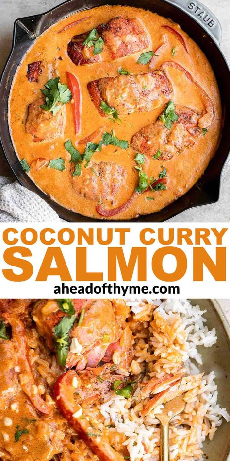 Coconut Curry Salmon Coconut Dill Salmon, Gluten Free Dairy Free Thai Recipes, Baked Salmon Dairy Free, Thai Basil Salmon, Thai Curry Salmon, Dairy Free Seafood Recipes, Salmon In Coconut Milk, Thai Salmon Recipes, Salmon Curry Recipes Coconut Milk