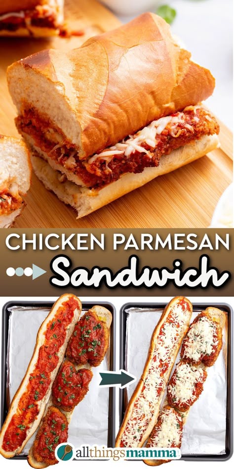 Chicken Parmesan Sandwich sitting on a cutting board. steps to make Chicken Parmesan Sandwich Chicken Parmesan Panini, Chicken Parm Subs Sandwiches, Chicken Parmesan Hoagie, Hot Baguette Sandwich, Parm Chicken Sandwich, Chicken Parmesan Sandwich Recipe Easy, French Dip Chicken Sandwich, Recipe With Baguette, Parmasean Chicken Sandwich