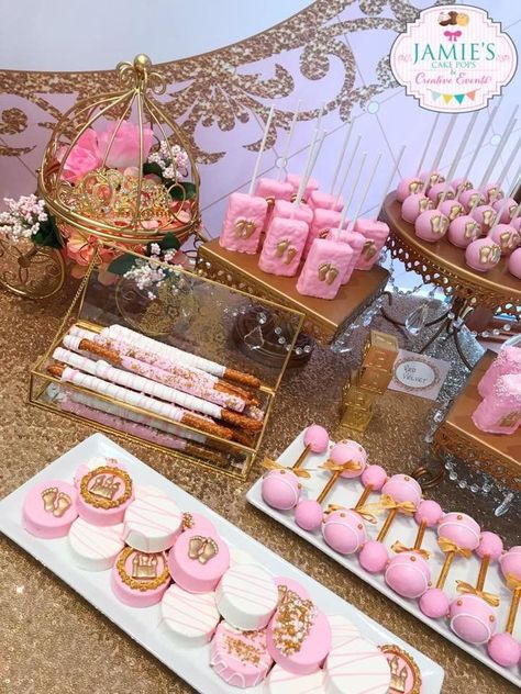 Pink And Gold Baby Shower, Pink Gold Baby Shower, Girl Shower Themes, Gold Dessert, Baby Shower Dessert Table, Baby Shower Treats, Dessert Spread, Gold Baby Shower, Shower Desserts