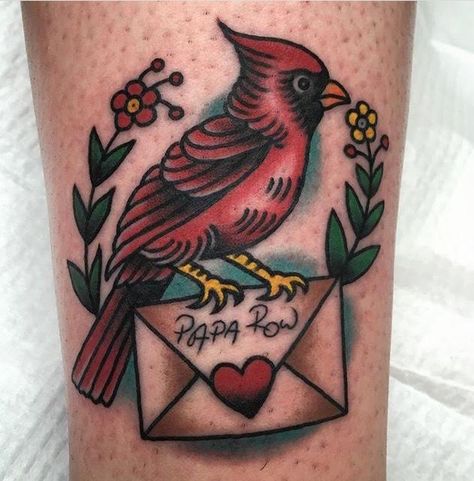 Cardinal Remembrance Tattoos, Cardinal Tattoo American Traditional Black And White, Traditional Cardinal Tattoo Black, Cardinal Tattoo Traditional Style, Traditional Style Memorial Tattoo, Vintage Cardinal Tattoo, American Traditional Dove Tattoo, American Traditional Memorial Tattoo, Traditional Tattoo Memorial