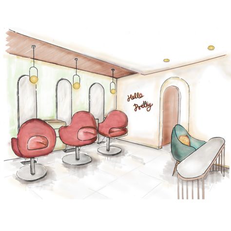 Beuty salon interior design Interior Design Assignments, Makeup Studio Interior Design, Interior Design Sketching, Makeup Studio Interior, Salon Drawing, Floorplan Ideas, Hair Salon Interior Design, Hair Salon Chairs, Interior Design Sketchbook