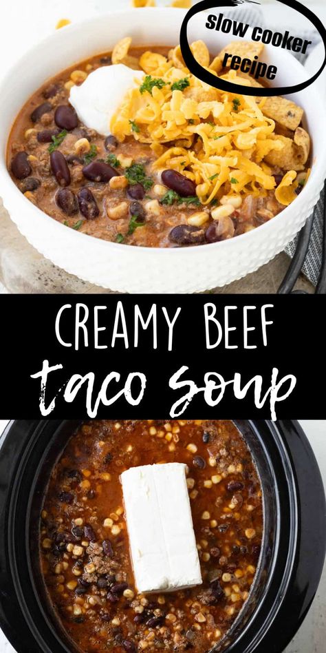 Creamy taco soup is made with ground beef and cream cheese. It's loaded with kidney beans, black beans, corn, green chilis, and tomato sauce. Add cream cheese and heavy cream to make it extra decadent and creamy. A hearty and flavorful soup made in the slow cooker or the stovetop. Crockpot Taco Soup With Cream Cheese, Crockpot Turkey Taco Soup, Taco Soup Recipe Crockpot Ground Beef, Creamy Beef Taco Soup Crock Pot, Easy Crockpot Meals Ground Beef, Crockpot Cream Cheese Recipes, Crockpot Creamy Taco Soup, Tacos In Crockpot Ground Beef, Taco Soup Cream Cheese