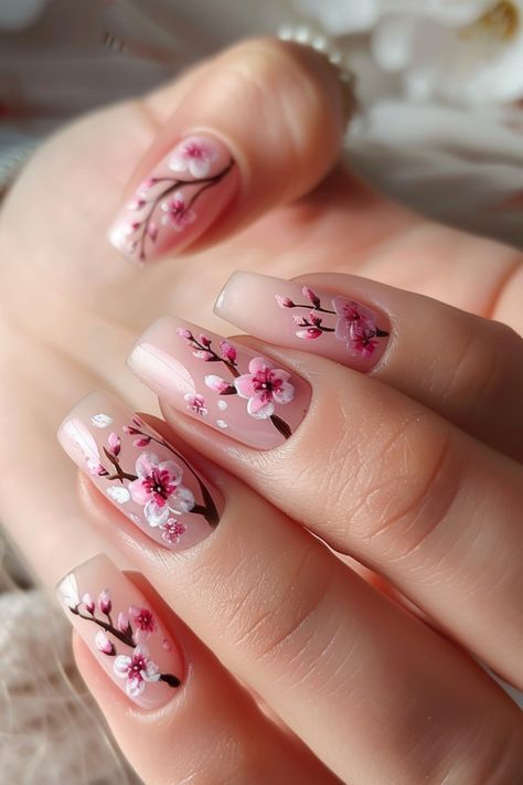 Cherry Blossom Nails Design, Classic Red Nails, Blossom Nails, Pink Flower Nails, Pink Nail Art Designs, Dragon Nails, Cherry Blossom Nails, Simple Spring Nails, Negative Space Nails