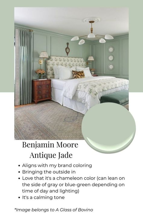 Bedroom with green paint Fresh Green Paint Colors, Celadon Green Living Room, Benjamin Moore Woodland Green, Benjamin Moore Garden Path, Jade Paint Color Bedroom, Light Green Bedroom Colors, Light Green Guest Bedroom, Parsley Snips Benjamin Moore, Benjamin Moore Budding Green