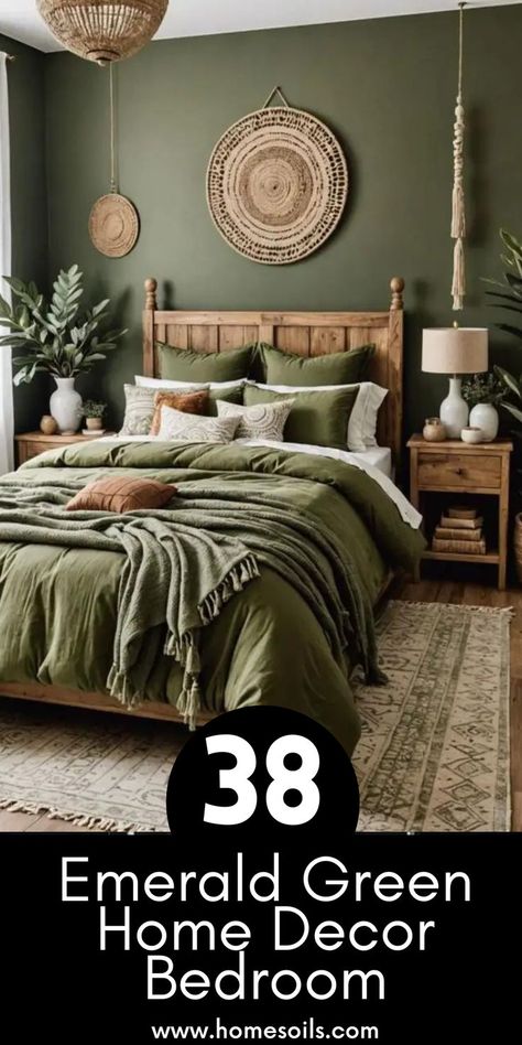 Discover 38 emerald green home decor ideas for your bedroom! From rich emerald walls and bedding to elegant accents and accessories, these ideas will help you create a sophisticated and inviting space. Perfect for adding a bold, luxurious touch to your bedroom decor. Green Master Bedrooms Ideas, Bedroom Inspirations Master Hunter Green, Emerald Boho Bedroom, Green Bed Ideas Bedroom, Dark Green Rustic Bedroom, Emerald Green And Rose Gold Bedroom, Jade Green Bedroom Ideas, Modern Green Bedroom Ideas, Dark Green Bedding Bedroom Designs