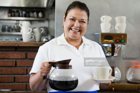 Stock Photo : Hispanic waitress holding coffee pot and mug Holding Coffee, Free Stock Photos Image, Coffee Pot, Royalty Free Images, Royalty Free Stock Photos, Mug, Stock Photos, Illustrations, Coffee