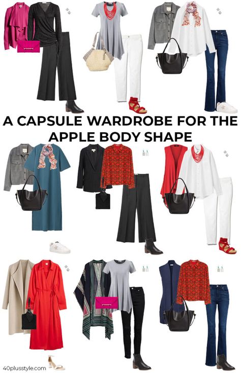 Tummy Hiding Capsule Wardrobe, Jacket For Apple Shape For Women, Wardrobe For Apple Shape Body Types, Capsule Wardrobe For Apple Shaped Women, Capsule Wardrobe Apple Body Shape, Business Casual Apple Shape, Apple Capsule Wardrobe, Apple Shape Tops, Apple Shape Capsule Wardrobe