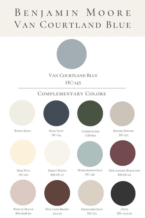 Van Courtland Blue by Benjamin Moore should be on the top of your favorite paint list. This elegant Old World blue is timeless and effortless. Bm Hamilton Blue, Benjamin Moore Colour Palettes, Chiswell Blue Benjamin Moore, Clark And Kensington Paint Colors Blue, Manor Blue Benjamin Moore, Van Cortland Blue Benjamin Moore, Whipple Blue Benjamin Moore, Historic Blue Paint Colors, Whole House Color Schemes Interior