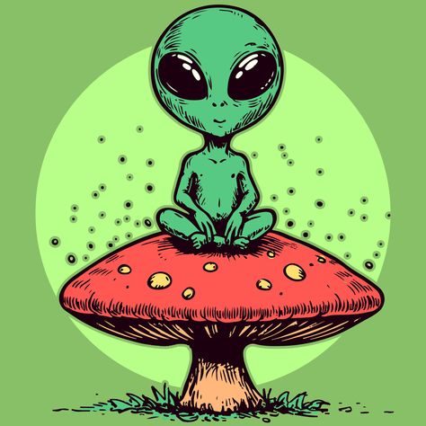 Cartoon character of a meditating alien sitting on top of a trippy psychedelic mushroom. Green humanoid on a fungus doing yoga Alien Painting, Trippy Alien, Trippy Cartoon, Mushroom Paint, Alien Drawings, Trippy Designs, Mushroom Drawing, Arte Alien, Alien Art