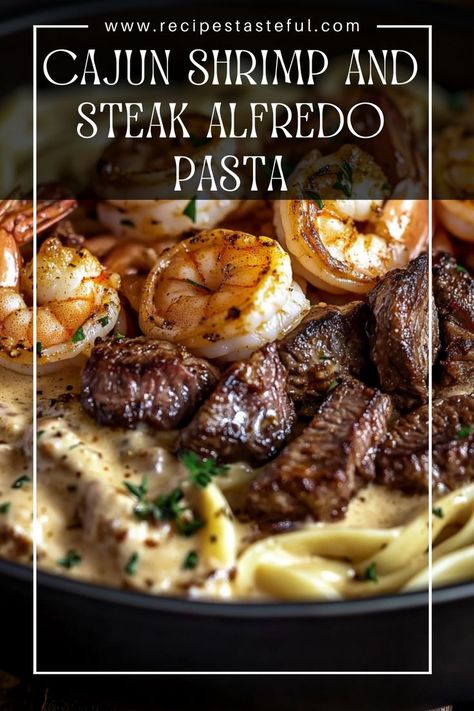 This rich and creamy Cajun Shrimp and Steak Alfredo Pasta combines perfectly cooked fettuccine with succulent shrimp and tender steak, all enveloped in a flavorful Cajun Alfredo sauce. It's a deliciously indulgent dish that is perfect for date nights or family gatherings. Shrimp And Steak Alfredo Pasta, Steak Alfredo Pasta, Cajun Alfredo Sauce, Steak Alfredo, Cajun Alfredo, Cajun Pasta Recipes, Creamy Cajun Shrimp, Creamy Cajun Shrimp Pasta, Alfredo Sauce Recipe Homemade