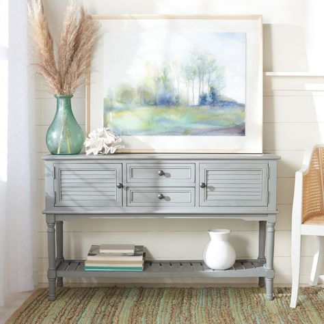 Tate 2-Drawer 2-Door Console Table in Distressed Grey – BURKE DECOR Entryway Nook, Bedroom Console Table, Accent Chests And Cabinets, House Deco, Bottom Shelf, Furniture Outlet Stores, Console Tables, Beach Houses, Beach House Decor