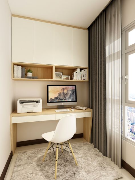 Transform a small space into a home office or study room. This modern Scandinavian inspired design for a study room maximises desk space with custom built carpentry, shelves and cabinet for storage space. Decor is kept to a mimimum for a distraction free zone. Modern Scandinavian Interior by Designer Teo Jia Yi. See final pictures on our website. Study Table With Cabinet Storage, Cabinet For Study Room, Muji Study Room, Scandinavian Interior Small Spaces, Study Cabinet Design, Office Cabinet Design Modern, Cabinet With Study Table, Office Table Design Small Spaces, Room With Study Table