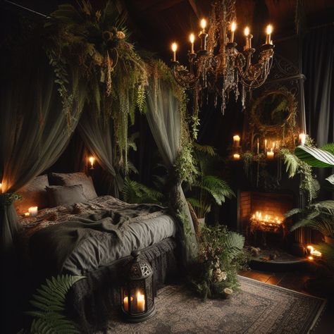 Image Creator Dark Cottage Core Bedroom Decor, Fairy Goth Decor, Subtle Gothic Decor, Dark Green Room Aesthetic, Forest Aesthetic Bedroom, Goth Bedroom Ideas, Gothic Decor Bedroom, Forest Room, Goth Bedroom