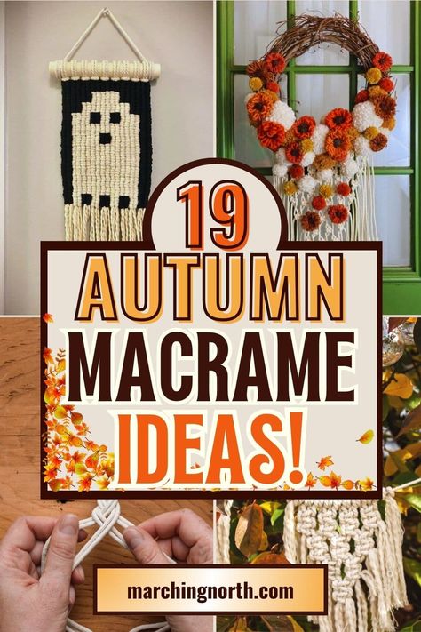 🍂 Get ready for fall with these 19 charming macrame projects! From easy DIY pumpkins to beautiful wreaths and more, these ideas will add a cozy, handmade touch to your autumn decor. Perfect for beginners and seasoned crafters alike!  Fall Macrame | Leaves Macrame | Macrame Leaves | Home Decor Macrame | Home Decor Fall | Macrame Ideas | Fall Home | Macrame Tutorial | Fall Ideas Macrame Thanksgiving Decor, Macrame Quick Projects, Small Easy Macrame Projects, Trending Macrame Projects, Sunflower Macrame Pattern, Halloween Macrame Plant Hanger, Macrame Autumn Decor, Macrame Halloween Tutorial, Easy Diy Macrame Gifts