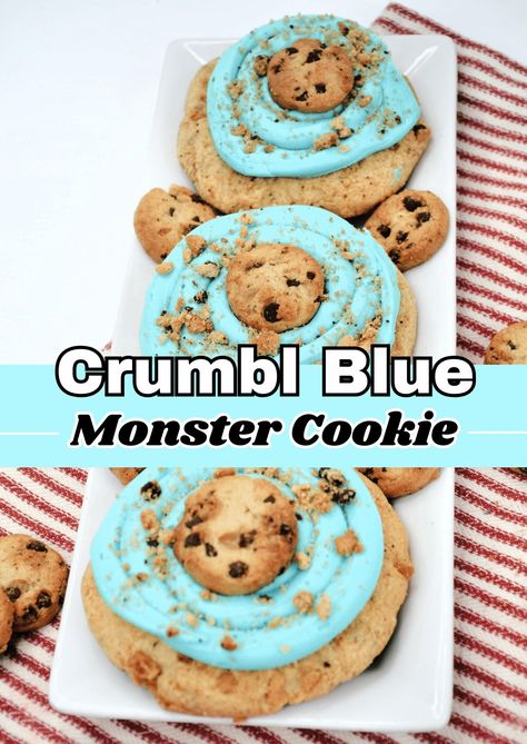 Crumbl Blue Monster Cookies Blue Monster Cookies, Banana Pie Recipe, Sopapilla Cheesecake Bars, Crumble Cookie Recipe, Monster Cookies Recipe, Banana Pie, Mini Chocolate Chip Cookies, Monster Cookie, Ice Cream Scooper