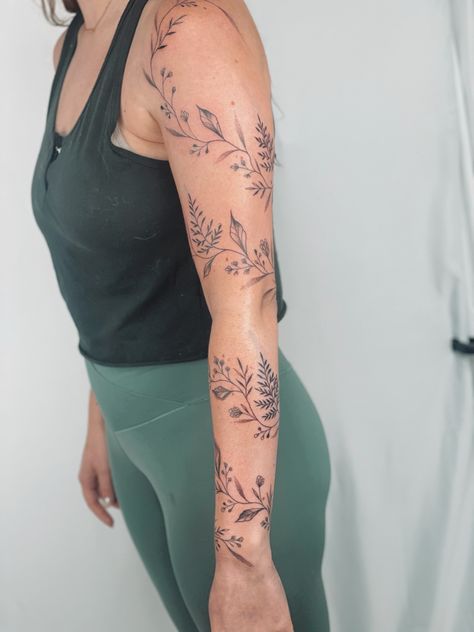 Floral Vine Half Sleeve Tattoo, Vine Upper Arm Tattoos For Women, Full Sleeve Vine Tattoo, Flower Arm Sleeve Tattoo Stencil, Vine Wrapped Around Arm Tattoo Sleeve, Dainty Tattoo Arm Sleeve, Half Sleeve Vine Tattoos For Women, Women Tattoos Arm Sleeve, Vine With Flowers Tattoo Sleeve