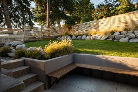 Retaining Wall With Seating - Landscape - Salt Lake City - by Big Rock Landscaping | Houzz Retaining Wall With Seating, Cement Retaining Wall, Retaining Wall Garden, Retaining Wall Patio, Small Retaining Wall, Pool Makeover, Backyard Retaining Walls, Outdoor Fire Pit Area, Sloped Backyard Landscaping