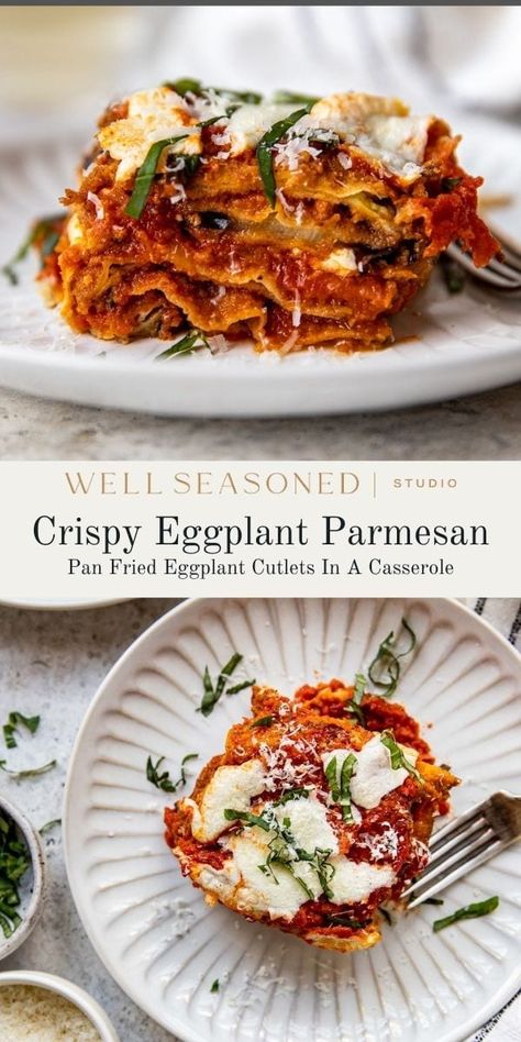 This cheesy, layered Eggplant Parmesan casserole with crispy, pan fried eggplant, homemade marinara (store-bought is fine), fresh basil, and lots of Parmesan and mozzarella cheeses is the ultimate comfort meal! Make-ahead and freezer-friendly, and easily adaptable to be gluten-free.#wellseasonedstudio #eggplantparmesan #eggplant #eggplantparm #friedeggplant Healthy Eggplant Parmesan, Eggplant Parmesan Casserole, Cheesy Eggplant, Pan Fried Eggplant, Eggplant Parmesan Recipe, Chinese Chicken Salad Recipe, Healthy Eggplant, Eggplant Recipes Easy, Parmesan Casserole