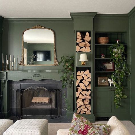 Firewood Wall Indoor, Wood Log Storage Indoor, Indoor Log Storage Living Rooms, Wood For Fireplace Storage, Firewood Storage Built In Fireplace, Living Room Log Storage Ideas, Lounge Log Store, Log Storage Next To Fireplace, Log Store Next To Fireplace