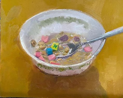 Erin Raedeke on Instagram: "Childhood Breakfast (Lucky Charms), 8” x 10”, oil on panel #luckycharms #corelle #cereal #breakfast #genx #perceptualpainting #stilllifepainting #" Bowl Of Cereal Drawing, Lucky Charm Drawing, Breakfast Theme Ideas, Cereal Painting, Cereal Drawing, Cereal Art, Childhood Breakfast, Breakfast Theme, Life Cereal