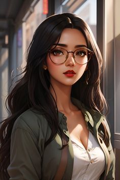 Black Hair Hazel Eyes, Long Straight Black Hair, Female Character Design Brunette, Straight Black Hair, Nerdy Girl, Cute Cartoon Pictures, Girly Art Illustrations, Wearing Glasses, Girls With Glasses