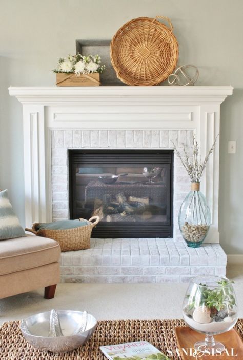 White Washed Brick Fireplace Makeover Painting A Brick Fireplace White, Lightly White Washed Brick Fireplace, Refinish Fireplace Brick, How To Whitewash Red Brick Fireplace, Whitewash Stone Fireplace Chalk Paint, Whitewash Brick, German Smear, Brick Painting, White Wash Brick Fireplace