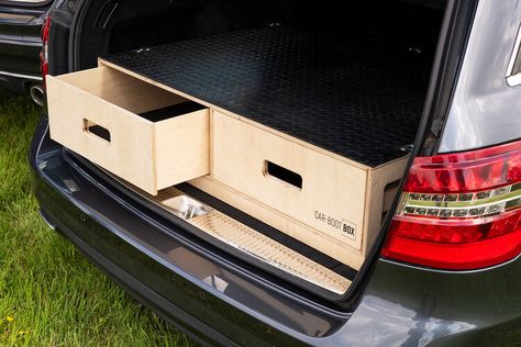 Car-Boot Box Car Boot Storage Ideas, Car Boot Storage, Car Boot Organization, Car Boot Kitchen, Troopy Fitouts, Jeep Trunk Organizer, Trunk Organizer Suv, Car Organisation, Truck Rear Seat Storage