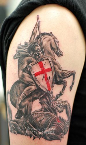 St George and the Dragon Tattoo | www.facebook.com/FlamingAr… | Flickr St George Tattoo, Arlo Tattoo, Knight Tattoos, George Tattoo, St George Dragon, Templar Knight Tattoo, England Tattoo, Historical Tattoos, Saint Tattoo