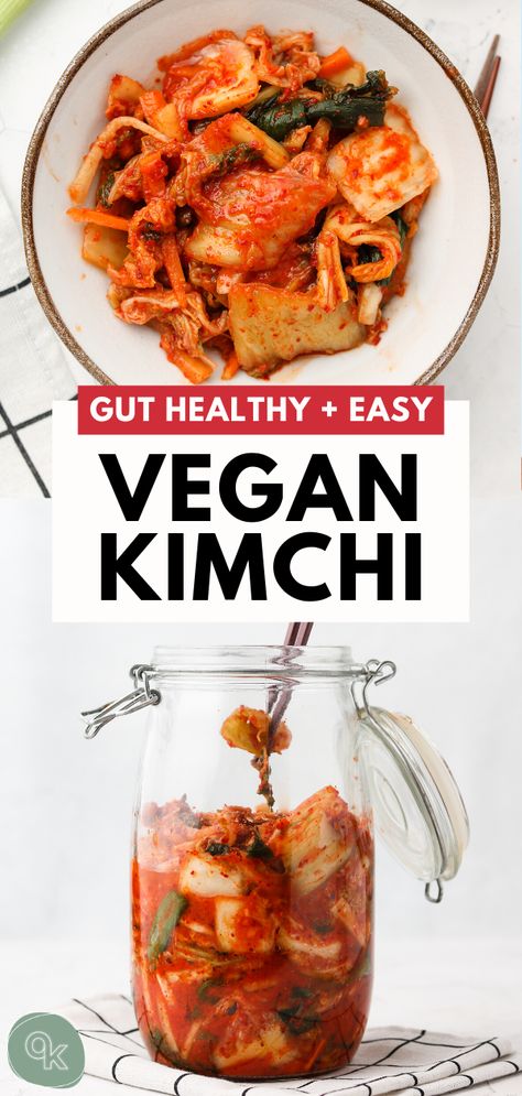 Learn how to make authentic Vegan Kimchi thats as delicious as the traditional version using this easy method! Full of gut-healthy probiotics, this recipe is fish free, gluten free and covers everything you need to know about kimchi! Spicy Kimchi Recipe, Vegan Kimchi Recipe, Vegetarian Kimchi, Fresh Kimchi, Vegan Kimchi, Healthy Probiotics, Kimchi Recipe, Fermentation Recipes, Fermented Foods