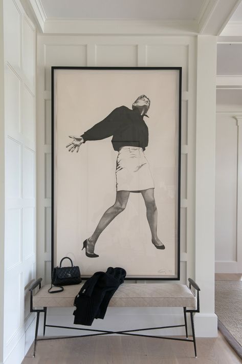 Large painting of a woman in the hallway over a bench + hallway large scale art + fun fashion art | Jane Beiles Transitional Large Wall Art, Large Art In Hallway, Oversized Art In Bathroom, Large Hallway Art, Large Wall Art Black And White, Horizontal Prints Wall Art, Large Scale Art Living Room, Art In Hallway, Entry Art