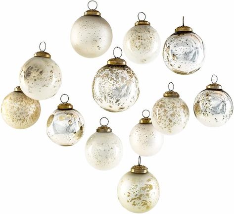 Amazon.com: Serene Spaces Living 12pcs Vintage Style White & Silver Mercury Glass Ornament Set for Christmas Tree, Christmas Decorations, Winter Wedding, Table Centerpiece, 2.5" Diameter : Home & Kitchen Decorated Wreaths, Mercury Glass Christmas Ornaments, Neutral Christmas Decor, Mercury Glass Ornaments, Glass Ball Ornaments, Christmas Decorations For The Home, Modern Christmas, Mercury Glass, Gold Glass