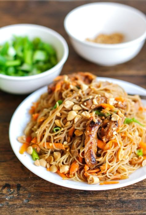 This hoisin pork with rice noodles recipe is like a giant stir fry that includes delicate rice noodles. Lots of veggies and tons of flavor. #pasta #dinner #recipe #yum | pinchofyum.com Pork With Rice, Hoisin Pork, Rice Noodle Recipes, Leftover Pork, Mapo Tofu, Pork Dishes, Noodle Dishes, Asian Cooking, Indian Recipes