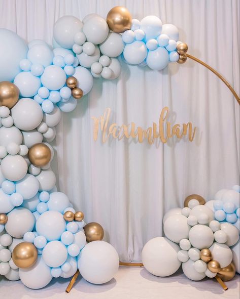 Blue Baby Girl Birthday, Light Blue And Gold Balloon Arch, Blue White And Gold Birthday Theme, Light Blue Gold And White Party Decorations, Light Blue Birthday Decorations, Pastel Blue Balloons, Light Blue And Gold Birthday Decorations, Light Blue Party Theme, Blue Grad Party Decorations