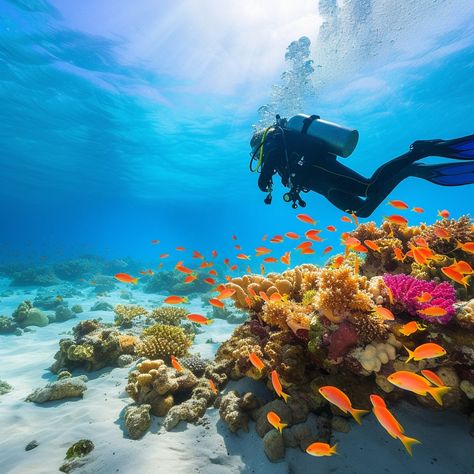 "Underwater Diving Adventure: A solitary diver explores the vibrant underwater world teeming with colorful fish and coral reefs. #underwater #scuba #diver #coral #reef #oceanlife #marinelife #adventure ⬇️ Download and 📝 Prompt 👉 https://stockcake.com/i/underwater-diving-adventure_174613_29572" Maldives Scuba Diving, Free Diving Aesthetic, Diver Aesthetic, Scuba Diving Aesthetic, Scuba Diving Photography, Underwater Diving, Ocean Girl, Underwater Fish, Ocean Pictures