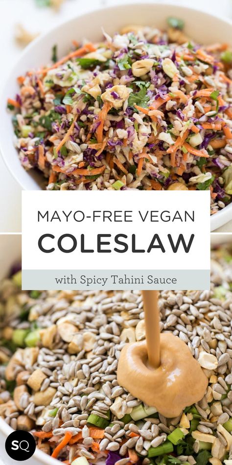 This healthy Vegan Coleslaw is not only gluten-free but also mayo-free! It's got two kinds of cabbage, roasted cashews for crunch, and flavored with a creamy tahini dressing. Coleslaw is perfect as a side dish at potlucks or BBQs, but it's also a really great topper. This vegan version is tossed with a spicy tahini sauce which is nutritious, nut-free (making it allergy-friendly), and adds an amazing toasty flavor! Best Vegan Coleslaw | Dairy-free & Gluten-free Recipes | Simply Quinoa Vegan Recipes With Tahini, Vegan Coleslaw No Mayo, Coleslaw Recipe Vegan, Vegan Gluten Free Salad Recipes, Healthy Tahini Recipes, Vegan Slaw Recipes, Vegan Tahini Recipes, Dairy Free Slaw, Salad Recipes Dairy Free