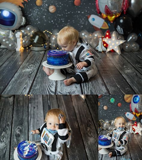 Smash Cake Astronot, Outer Space 1st Birthday Photoshoot, Space Smash Cake Photos, Space Cake Smash Session, Space Birthday Party Backdrops, Astronaut Cake Smash, Galaxy Smash Cake 1st Birthdays, Rocket Ship Smash Cake, Space First Birthday Photoshoot