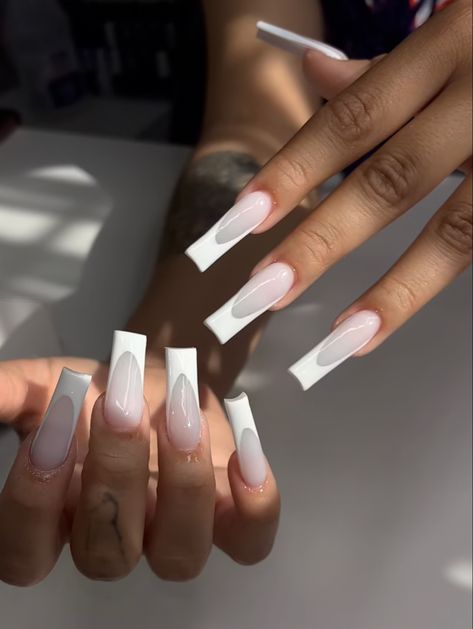 Straight Acrylic Nails Long, Grey With White Tip Nails, White On White French Manicure Long, Off White Acrylics, Clear White French Tip Nails, White On White Acrylic Nails, Long Tip Nails, All White French Tip Nails, Milk White Acrylic Nails With Design