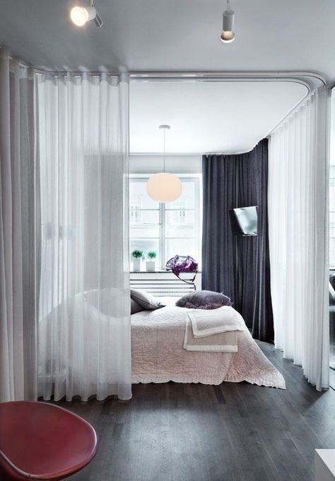 5 Room Separator Ideas for Adding Space to Your Place Room Separator Ideas, Studio Apartment Room Divider, Room Separator, Curtain Divider, Thick Curtains, Separating Rooms, Room Divider Curtain, Curtain Room, Small Bedroom Designs