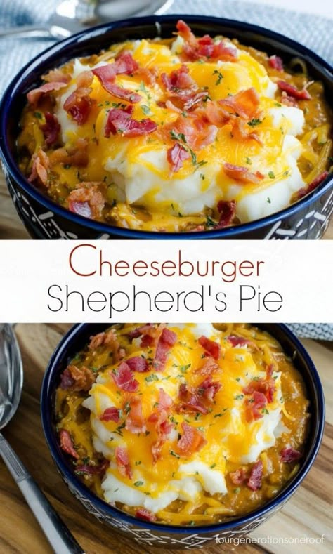 Cheeseburger Shepherd's Pie / easy + no bake recipe by Four Generations One Roof Pie Easy, Shepards Pie, Instant Potatoes, Shepherds Pie Recipe, Easy No Bake, Shepherd's Pie, Shepherds Pie, Alfredo Sauce, Easy Baking Recipes