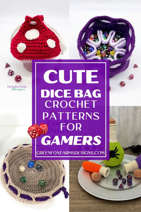 Cute Dice Bag Crochet Patterns for TableTop Gamers Crochet Dice Bag Pattern, Dice Bag Pattern, Crochet Dice Bag, Crochet Dice, Game Organization, Farm Design, Yarn Stash, Dragon Egg, Dice Bag