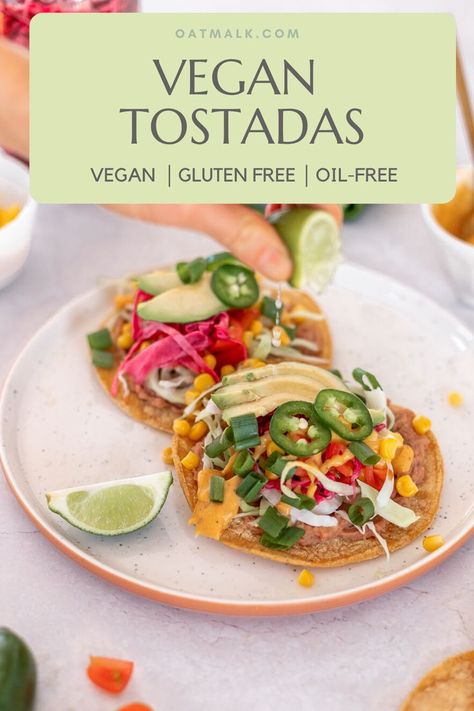 OMG! I can't believe this is an oil-free tostada recipe! It literally tastes like an authenic Mexican tostada but without all the added calories that it comes with. I will be sharing this vegan tostada recipe with all of my friends. Vegan Tostadas, Bean Tostada, What To Make For Lunch, Mexican Tostadas, Vegan Dessert Recipes Easy, Tostada Recipe, Refried Bean, Tostada Recipes, Refried Beans Recipe