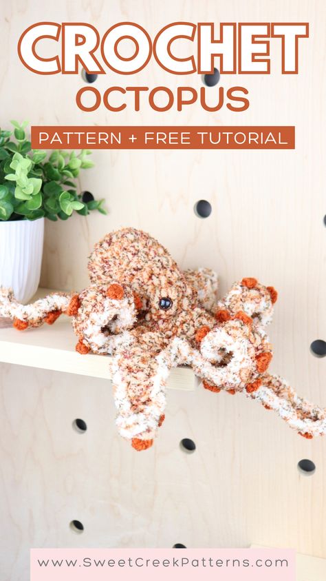 This crochet octopus is extremely simple and beginner friendly! The FREE tutorial is on my YouTube channel, and then the free blog post will be available soon! This easy crochet octopus is sure to become your favorite pattern ever, as you can make this in under 1 hour, and it is NO-SEW (except for one optional sew on step)! This crochet octopus would be perfect as a baby gift, Birthday present, and SO much more! The possibilities are truly endless! Realistic Octopus Crochet Pattern, Beginner Crochet Octopus, Big Crochet Octopus, Easy Crochet Sea Animals, Free 1 Hour Crochet Patterns, 1 Hour Crochet Projects Amigurumi, Giant Crochet Octopus Free Pattern, Crochet Big Octopus Free Pattern, Amigurumi Octopus Pattern