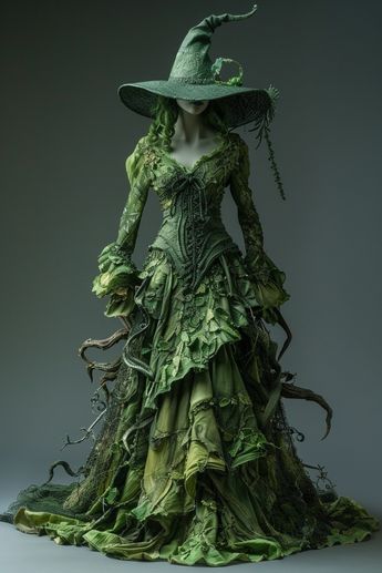 Epic Witch Costume, Witch Dress Costume, Beautiful Witch Costumes, Whimsical Witch Costumes, Witch Aesthetic Dress, Witch Costume Inspiration, Forest Witch Costume Diy, High Fae Costume, Swamp Witch Aesthetic Fashion