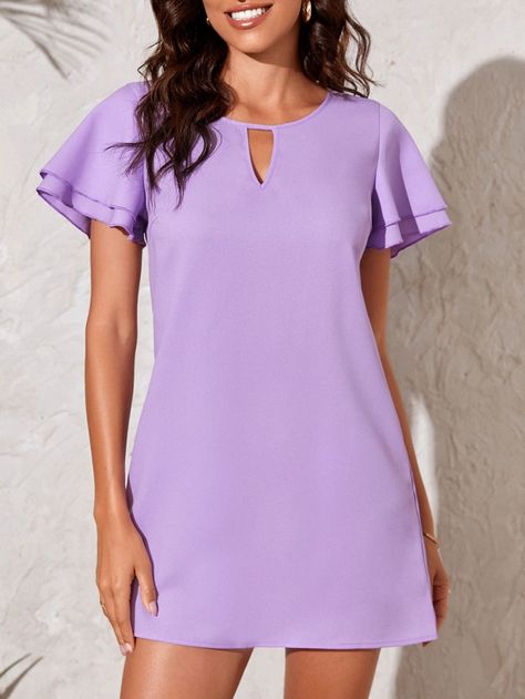 Lilac Dress Short, Simple Chiffon Dress, Dresses Lilac, Tunic Dress Patterns, Woman Blouse Casual, Plain Tunic, Shirred Waist Dress, Chiffon Shift Dress, Blouse Casual Fashion